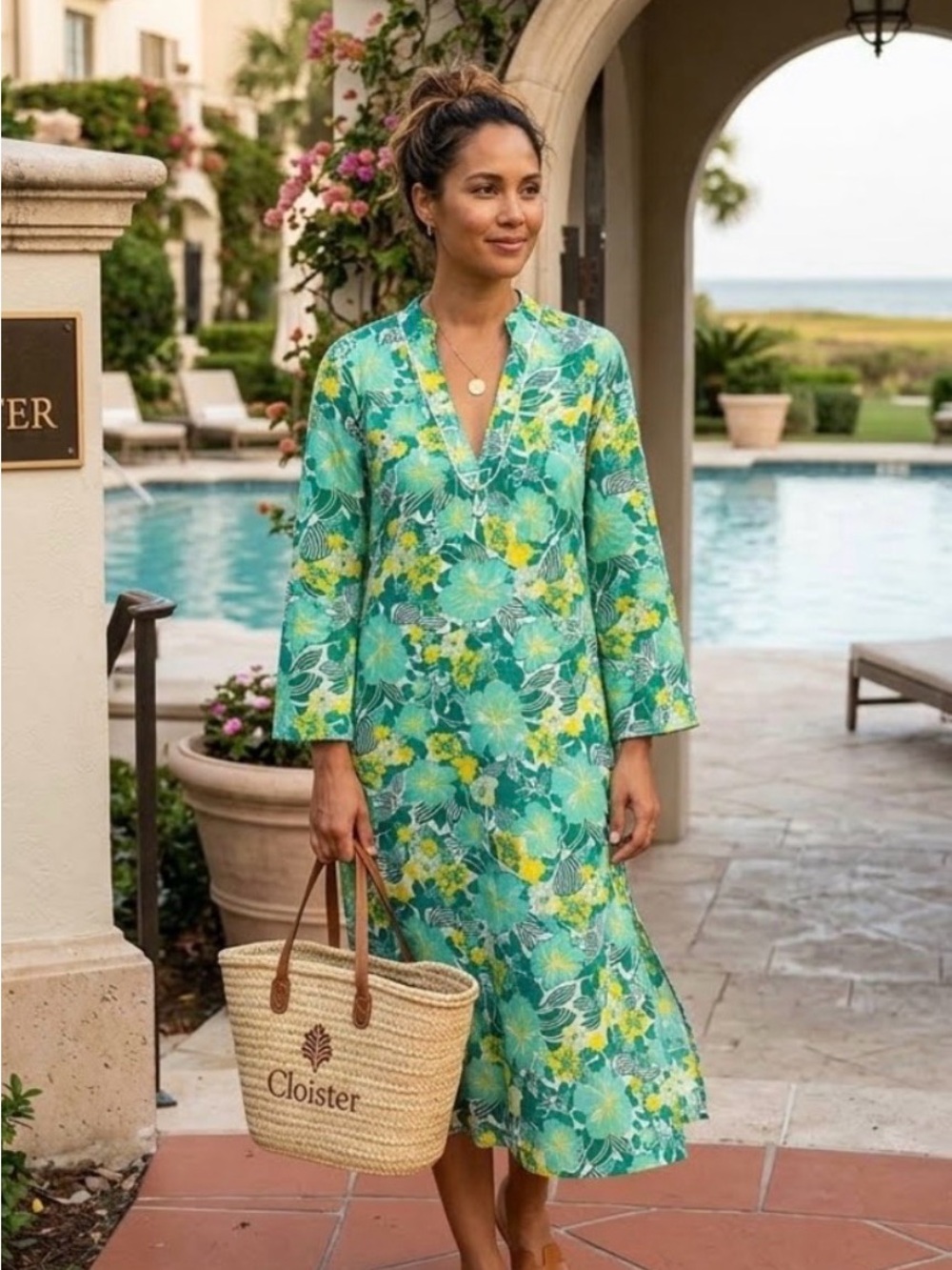 Tibi for Sea Island Green, Teal and Yellow Floral Swimsuit Coverup Dress